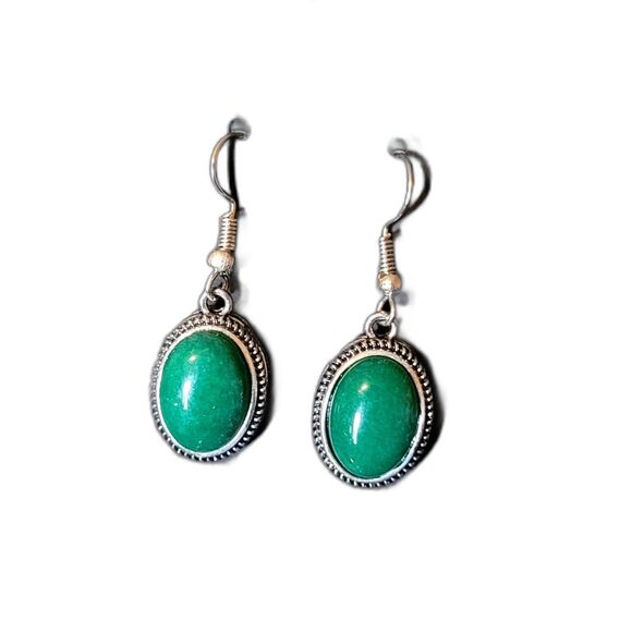 Natural Malachite Approximately 1" Oval Stone French Wire Silver Alloy Earrings - Picture 2 of 6